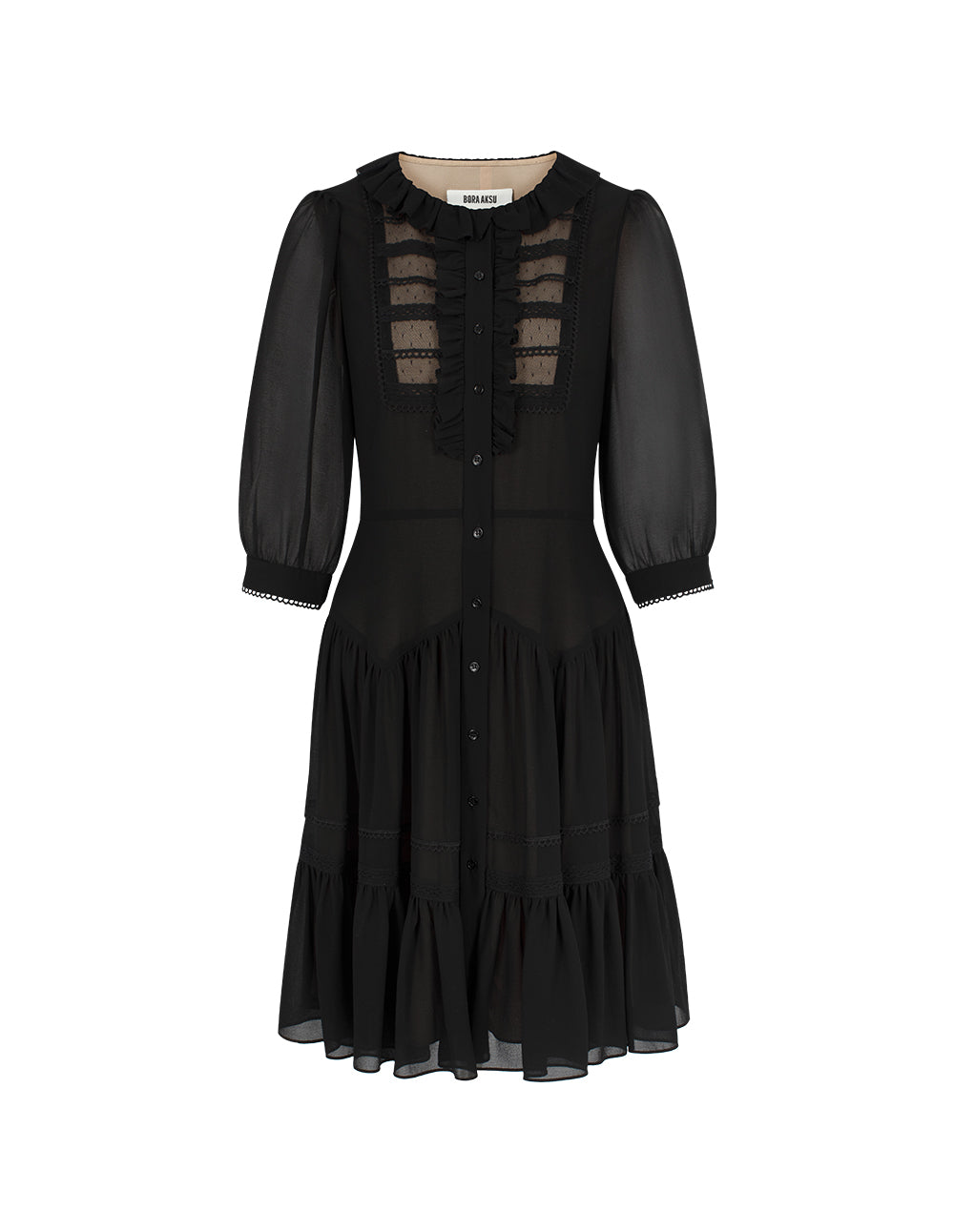 BORA AKSU Ruffled Round-Neck Puff Sleeve Mesh Spliced Pleated Little Black Dress