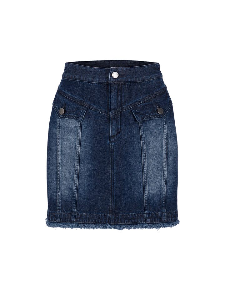 BORA AKSU Versatile Distressed Gradient Washed Blue Three-Dimensional Patch Pocket Denim Skirt