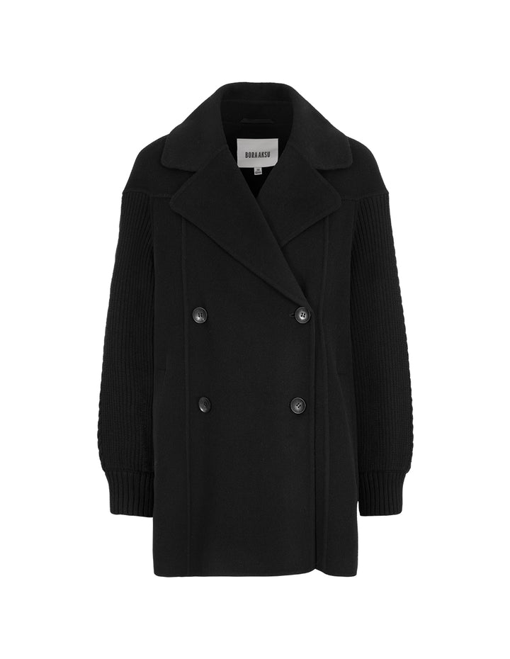 BORA AKSU Lapel Double-Breasted Double-Faced Wool Patchwork Knitted Sleeve Coat