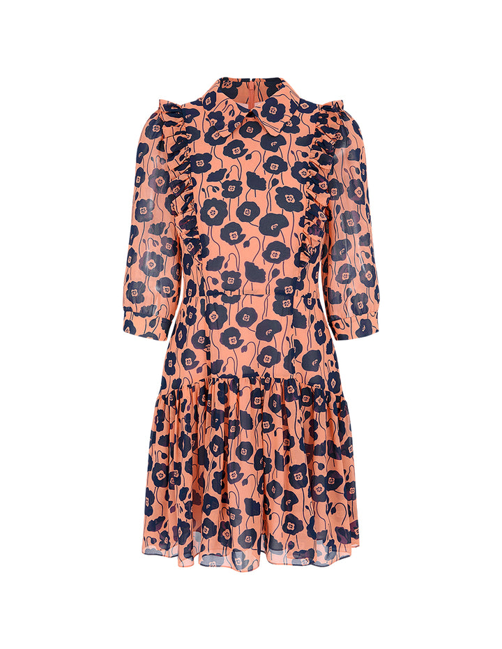 BORA AKSU Peter Pan Collar Short Bubble Sleeve Red Floral Printed Dress