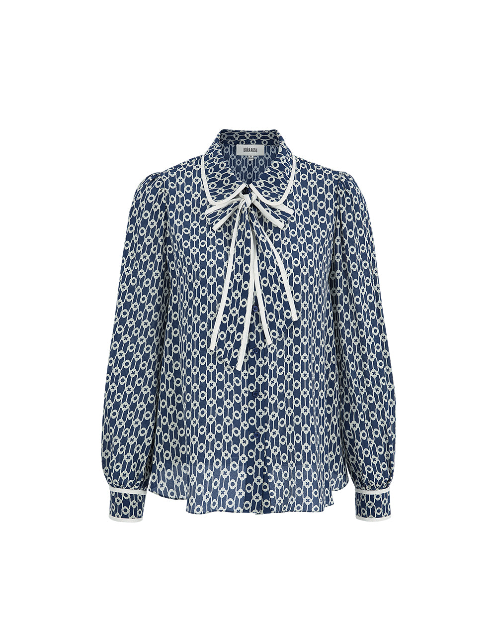 BORA AKSU Silk Mulberry Puff Sleeve Elegant Patchwork Bow Collar Printed Shirt