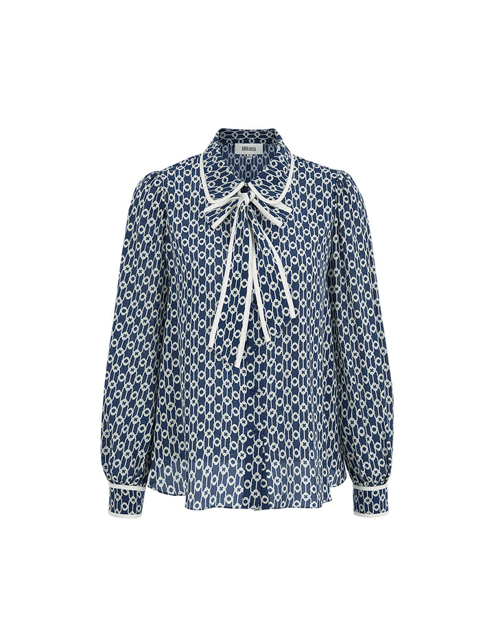 BORA AKSU Silk Mulberry Puff Sleeve Elegant Patchwork Bow Collar Printed Shirt
