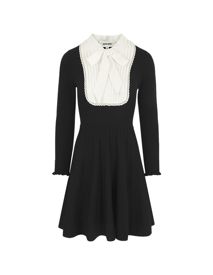 BORA AKSU Butterfly Knot Collar Black Long-Sleeve Knitted Dress