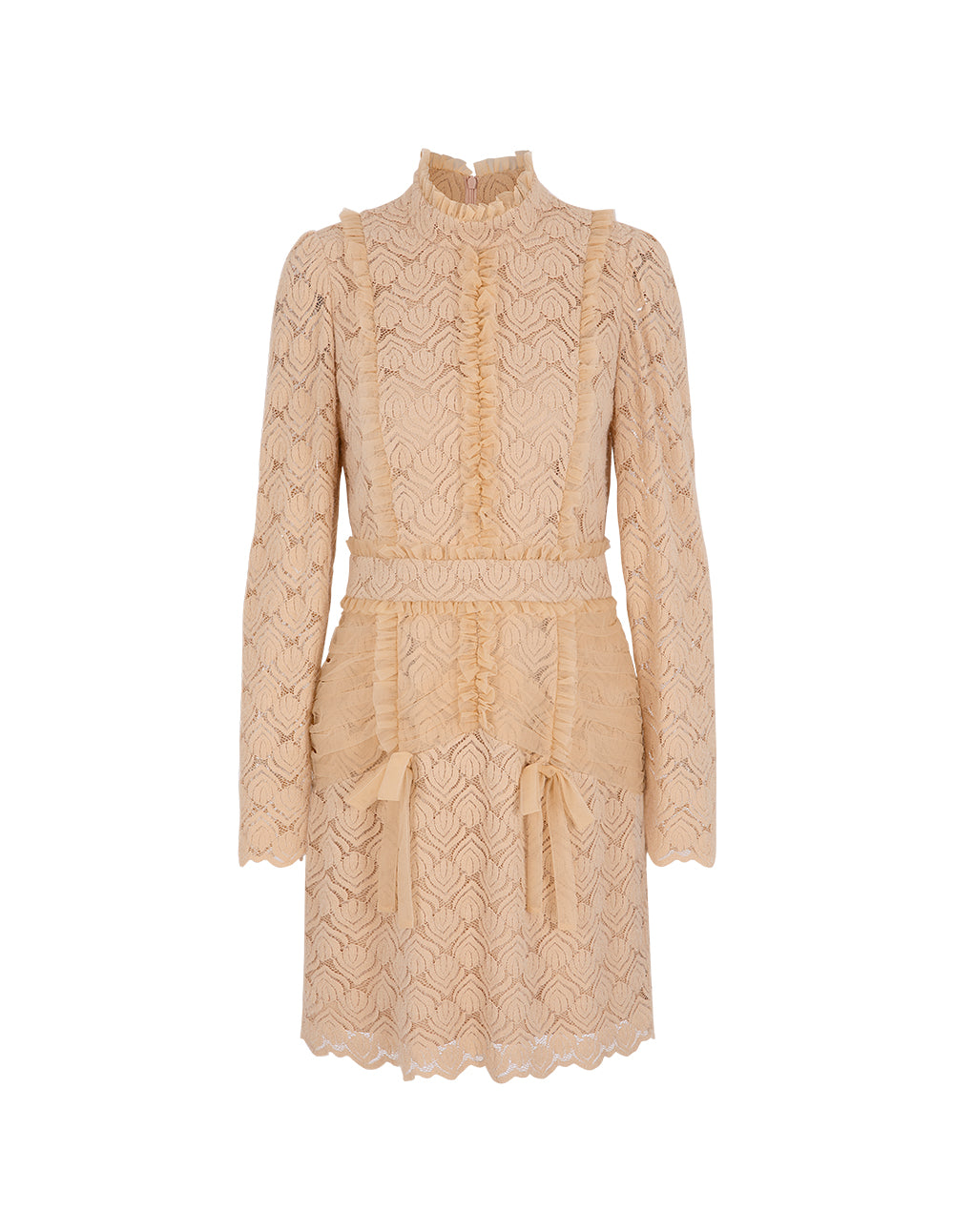 BORA AKSU Ruffle Long-Sleeve Velvet Lace Stitching Smocked Mesh Midi Dress