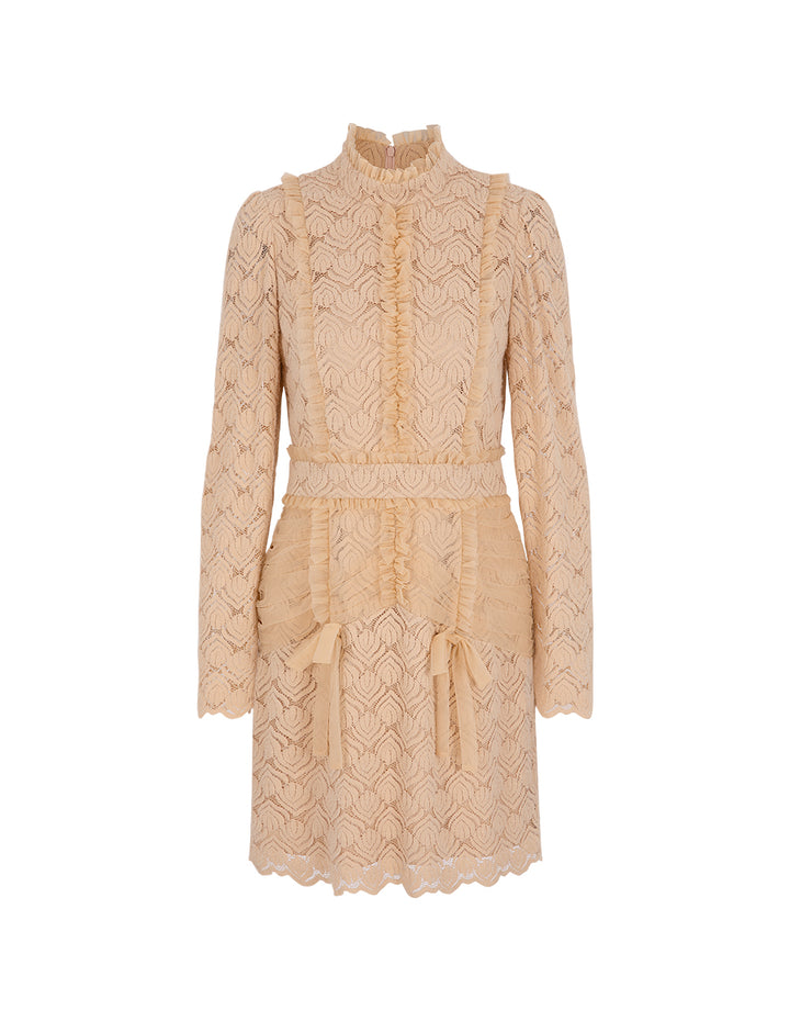 BORA AKSU Ruffle Long-Sleeve Velvet Lace Stitching Smocked Mesh Midi Dress