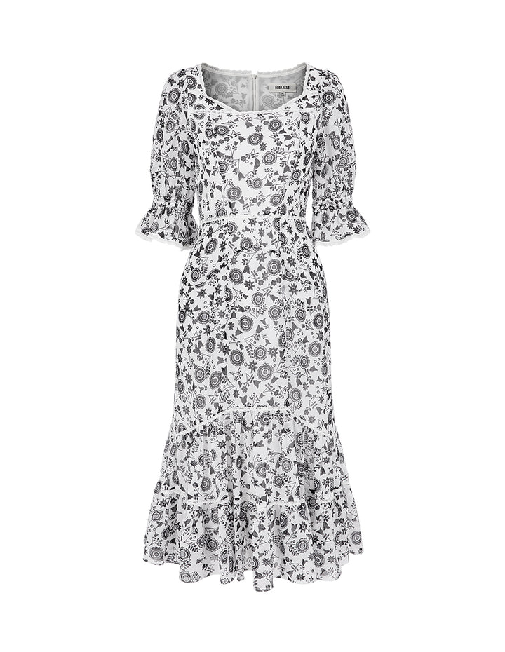 BORA AKSU Retro Square Neck Puff Sleeve Ruffle Print Dress