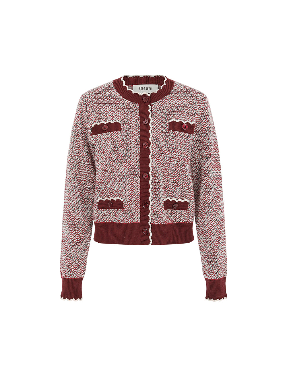 BORA AKSU Round Neck Ruffled-Trim Geometric Print Full Wool Knit Cardigan