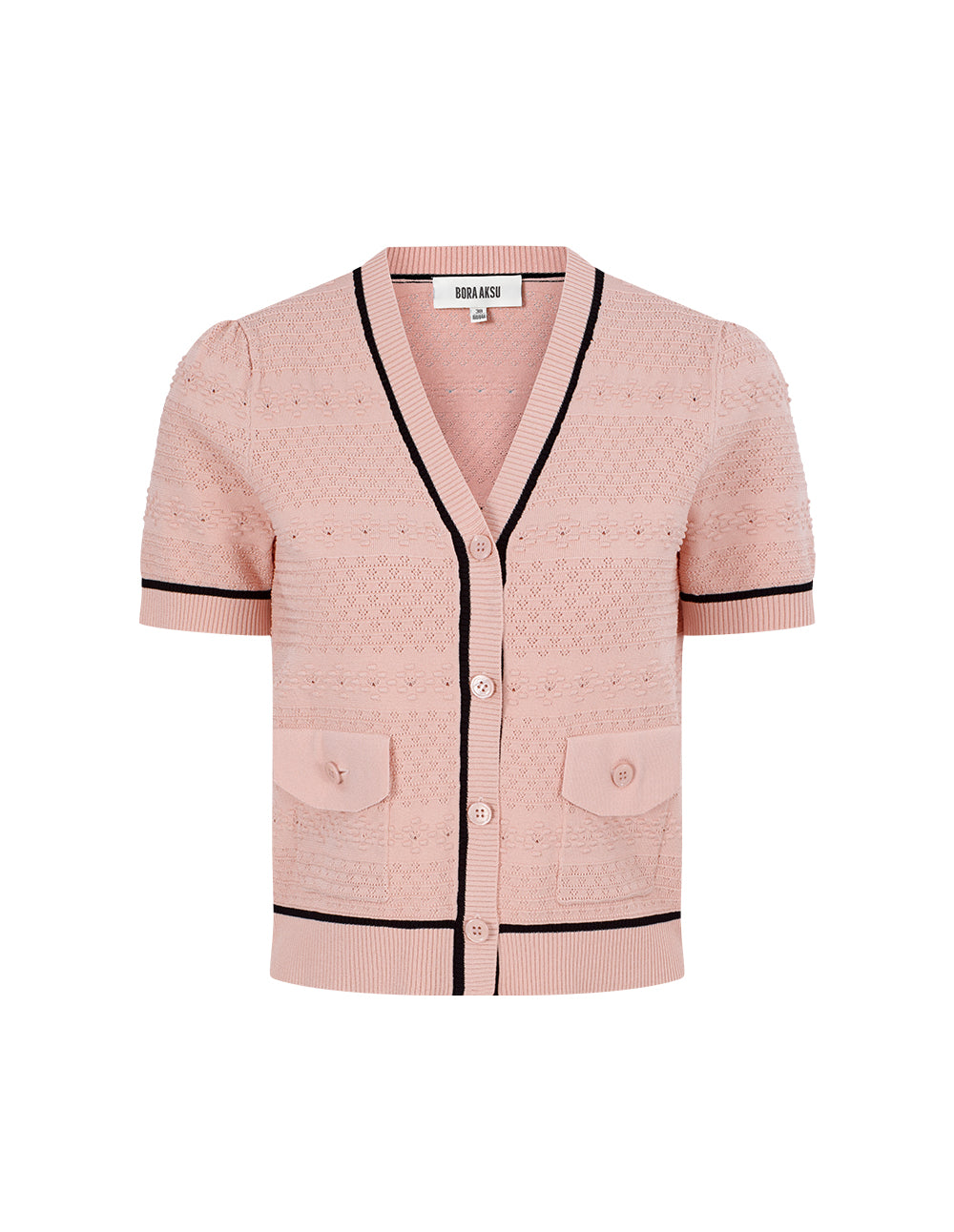 BORA AKSU V-Neck Short-Sleeve Black Trimmed Knit Cardigan