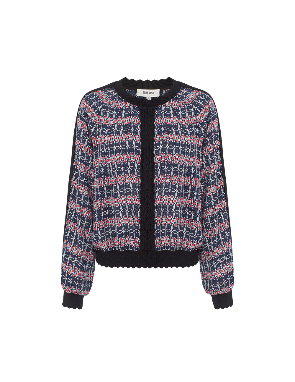 BORA AKSU Ruffled Round Neck Red White Geometric Print Knit Top