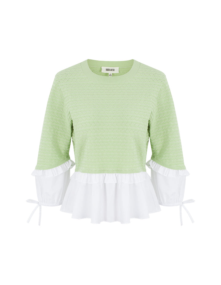 BORA AKSU Round-Neck Puff-Sleeve Ruffle Trimmed Patchwork Knit Top