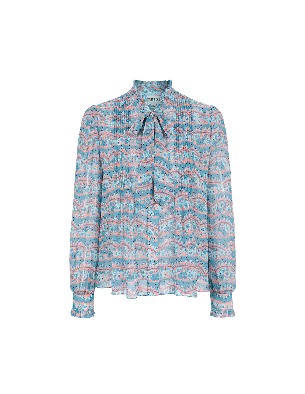 BORA AKSU Tie-Collar Puff Long Sleeve Printed Pin Tuck Blouse