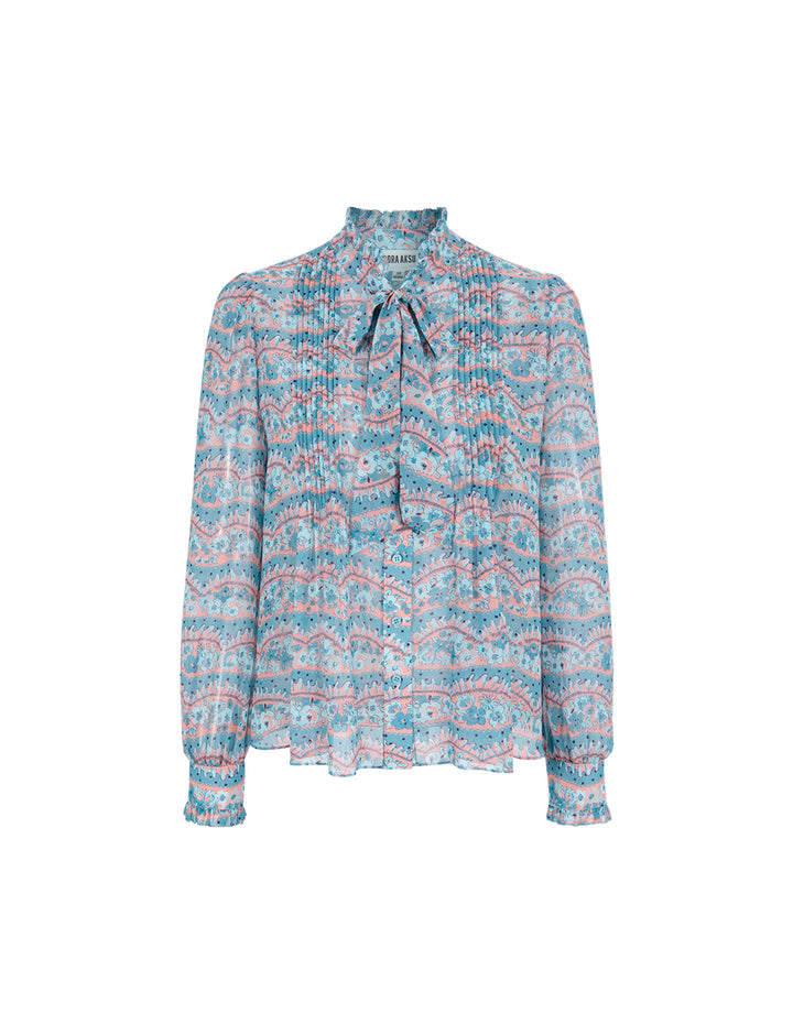 BORA AKSU Tie-Collar Puff Long Sleeve Printed Pin Tuck Blouse