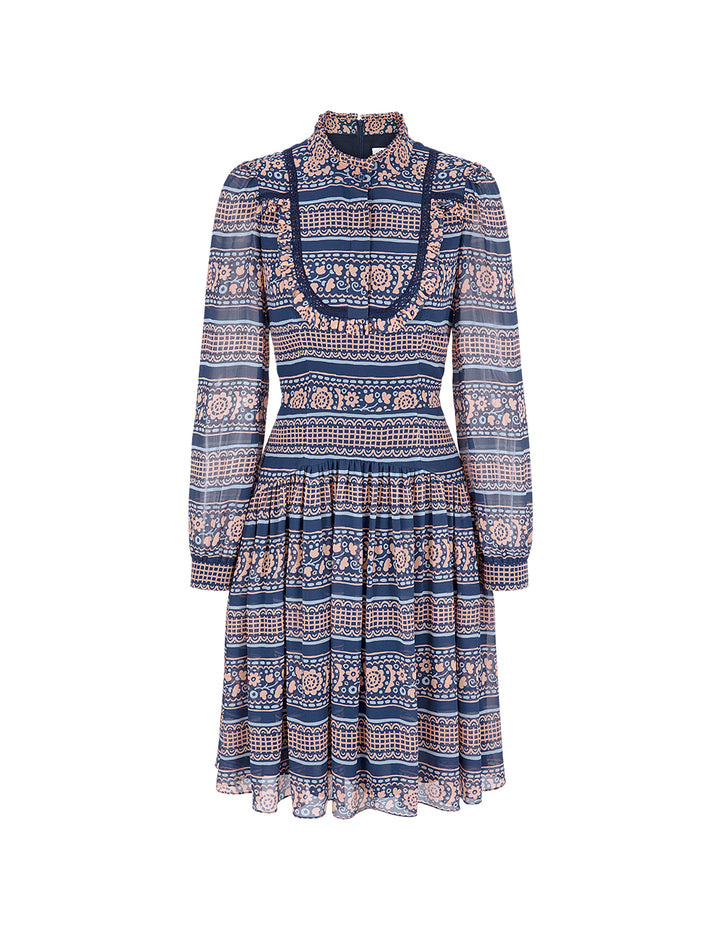 BORA AKSU Stand-Callor Ruffles Bubble Sleeve Print Pleated Midi Dress