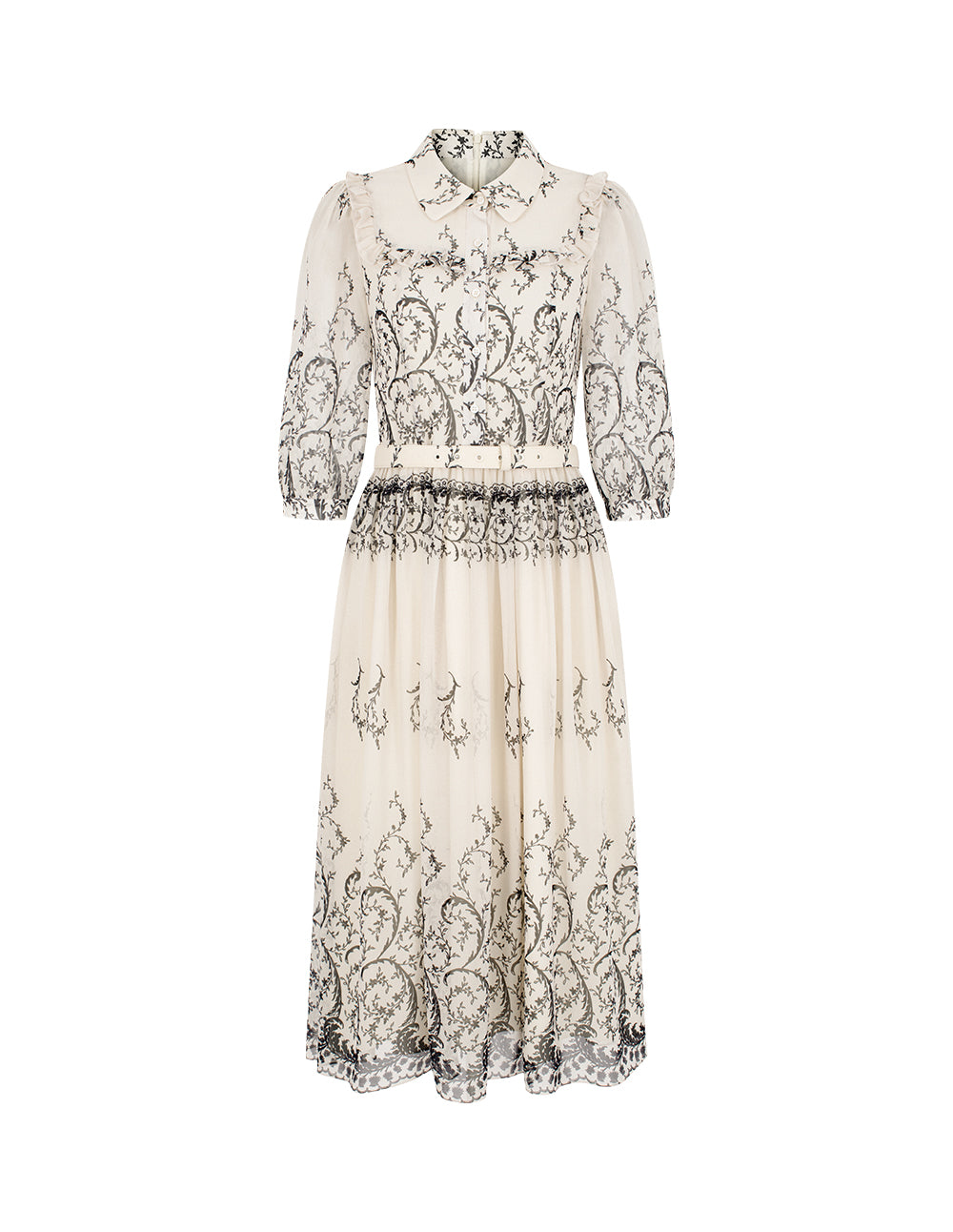 BORA AKSU Collared Puff Half Sleeve Curly Grass Print Ruffle-Trim Midi Dress