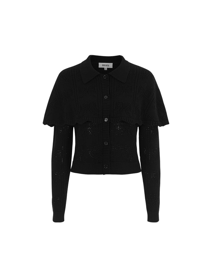 BORA AKSU Black Cape Patchwork Hollow Wool Double-Layer Knit Cardigan