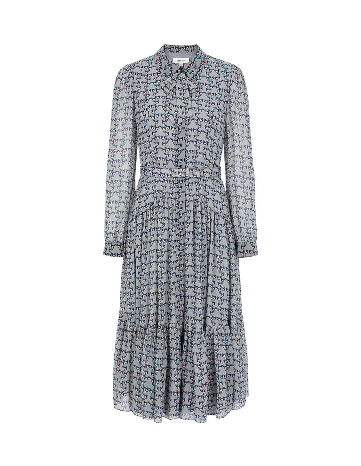 BORA AKSU Bow Ribbon Long Sleeve Hand-Painted Bird Print Pleated Midi Shirt Dress