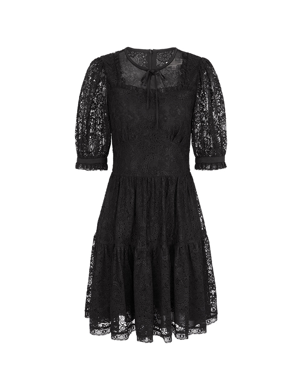BORA AKSU Bow Tie Round Neck Puff Sleeve Lace Little Black Dress