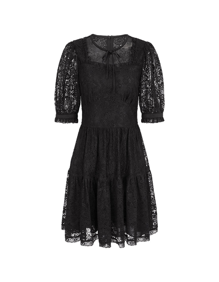 BORA AKSU Bow Tie Round Neck Puff Sleeve Lace Little Black Dress