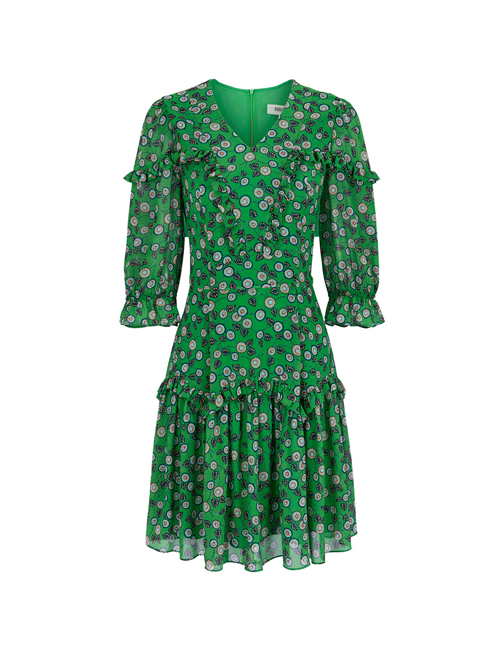 BORA AKSU French V-Neck Pleated Puff Sleeve Printed Dress