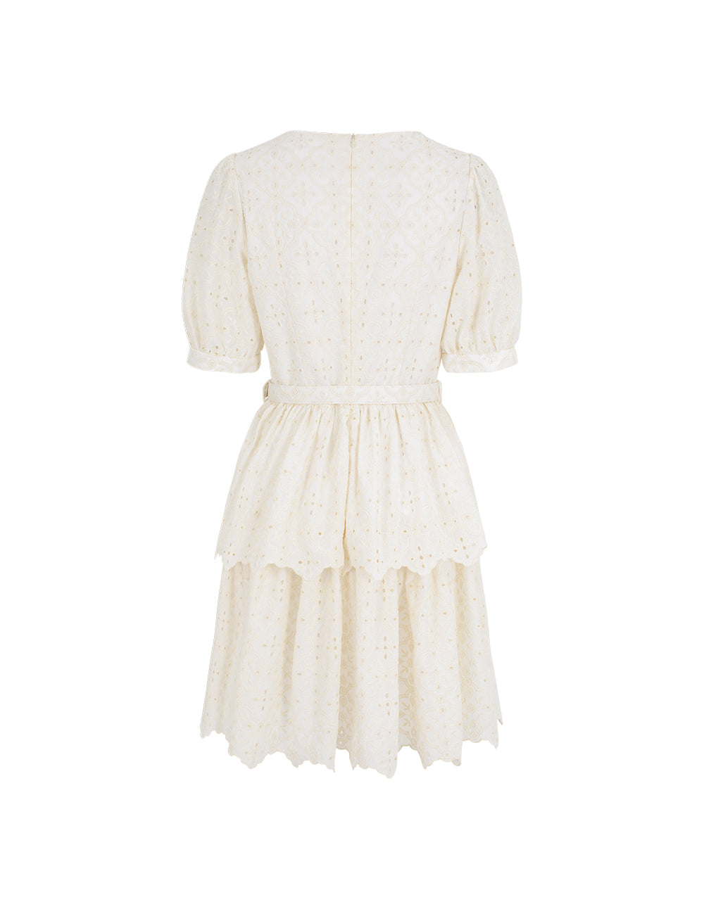 BORA AKSU V-Neck Bubble Short-Sleeve Hollow Out Embroidered Layered Pleated Dress