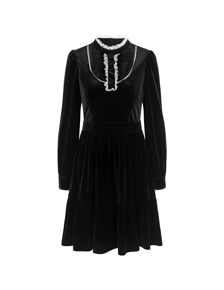 BORA AKSU Black & White Color Block Ruffle Mandarin Collar Velvet Midi Dress