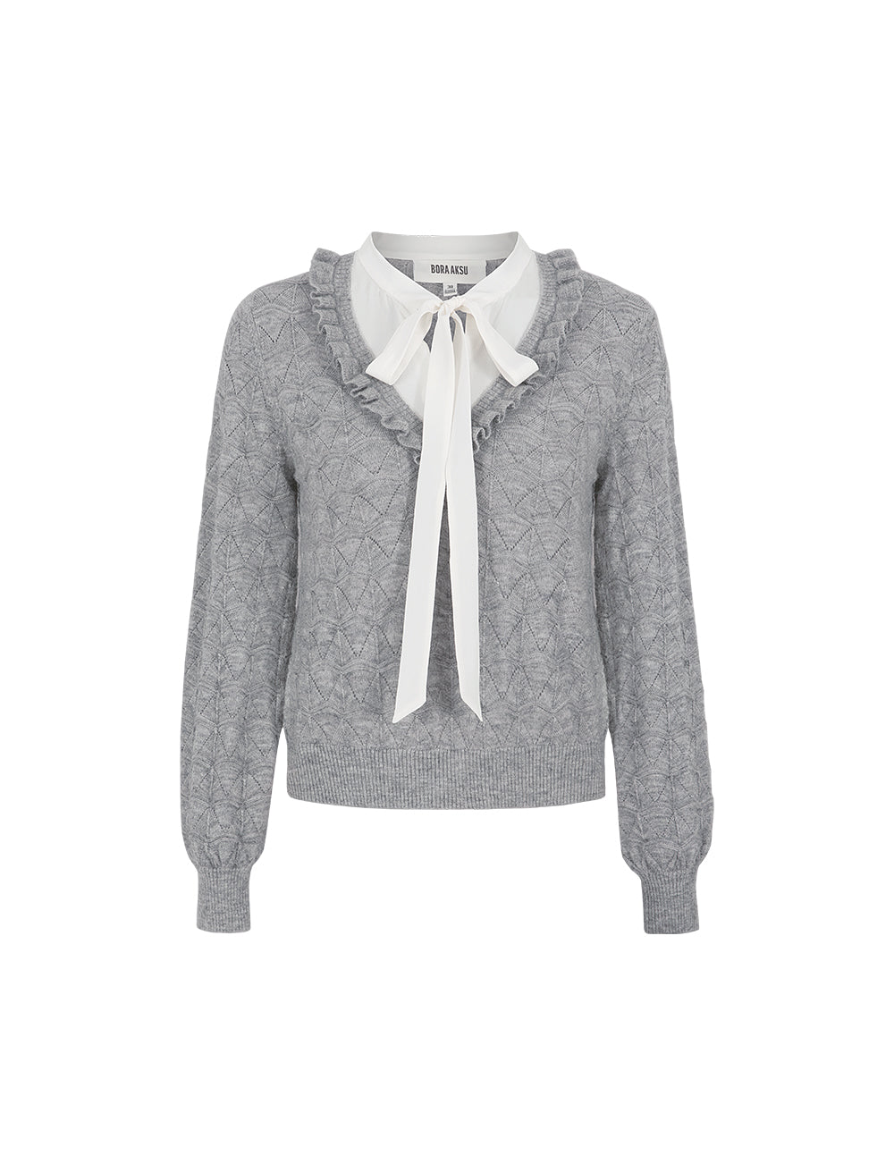 BORA AKSU Tie-Up Collar Ruffled Patchwork Knitted Sweater