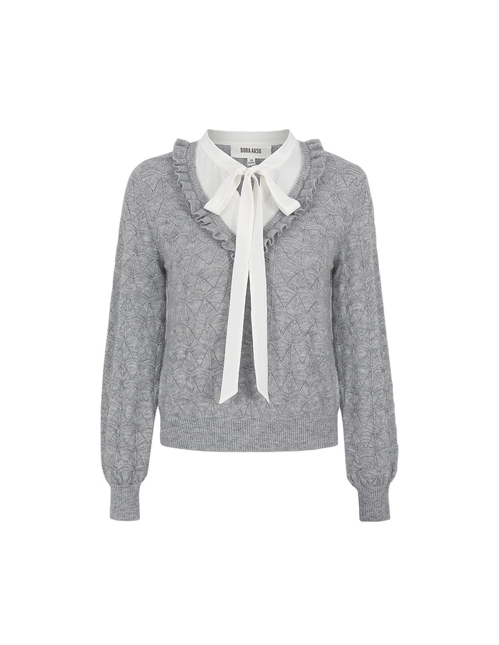 BORA AKSU Tie-Up Collar Ruffled Patchwork Knitted Sweater