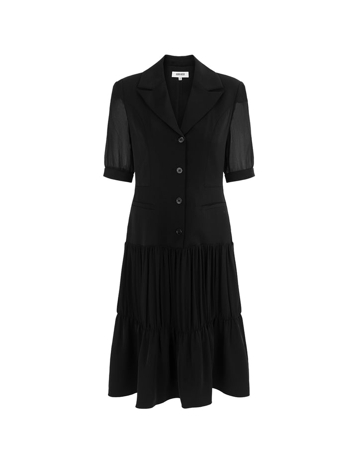 BORA AKSU Notch Lapel Single-Breasted See-Through Short Sleeve Pleated Midi Dress