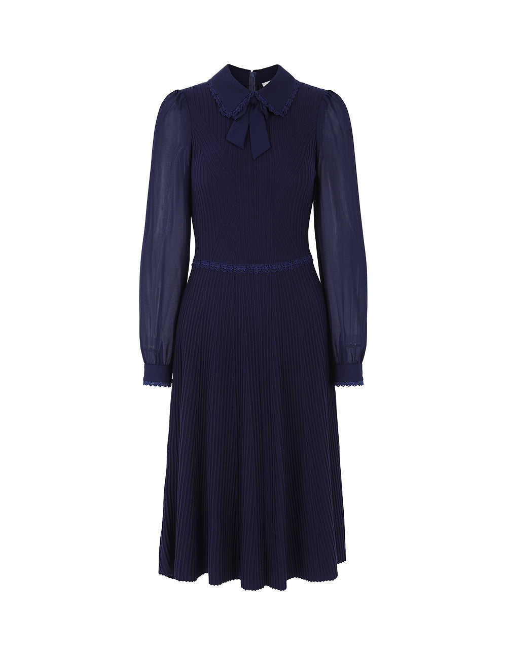 BORA AKSU Collared Patchwork Navy Blue Knit Bubble Sleeve Midi Dress
