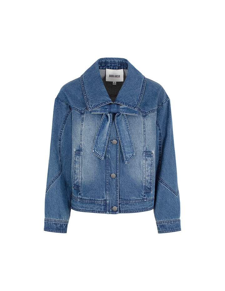 BORA AKSU Vintage Detachable Bow Long Sleeve Washed Denim Jacket