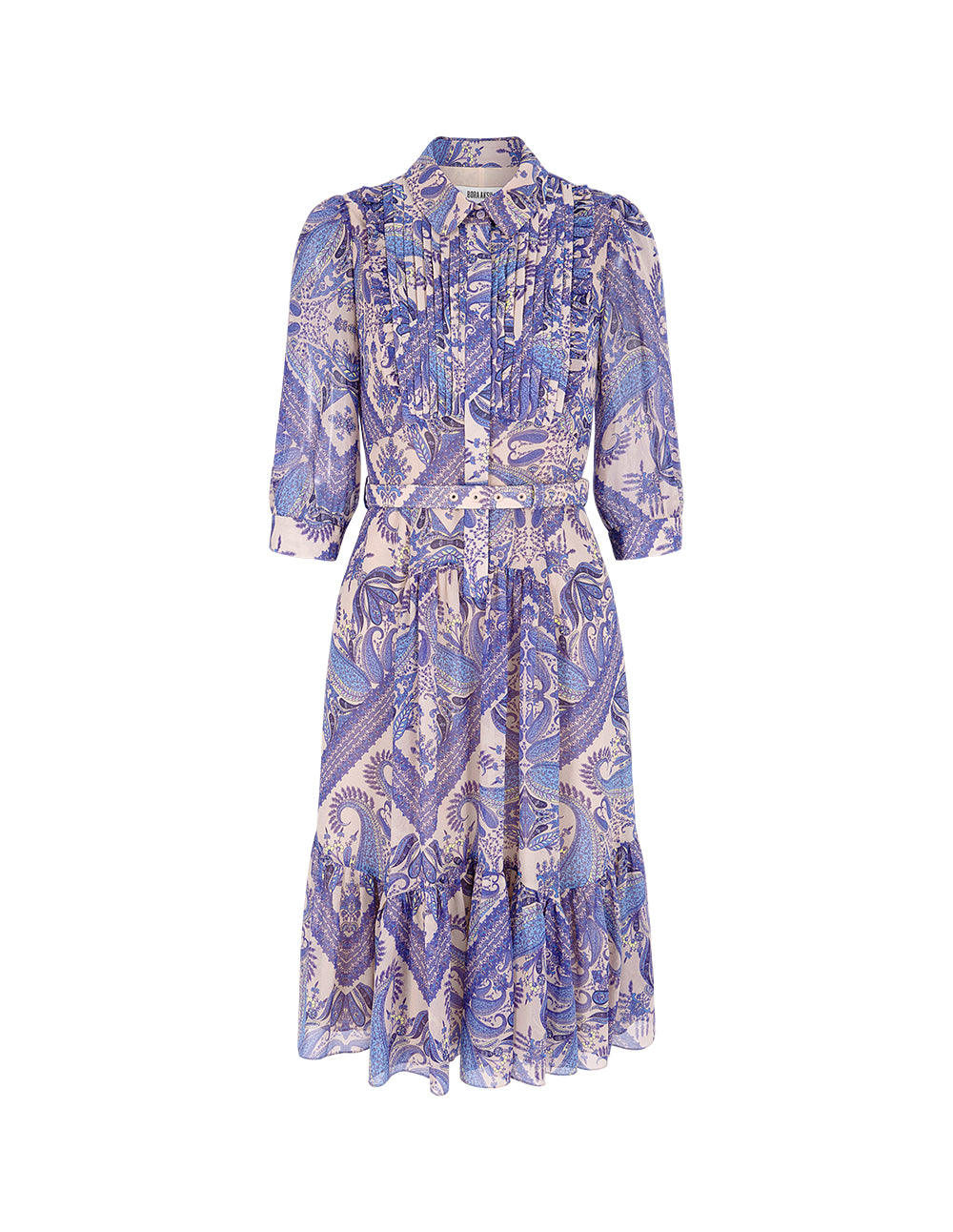 BORA AKSU Tuxedo-Shirt Collar Puff Sleeve Paisley Print Pleated Midi Shirt Dress