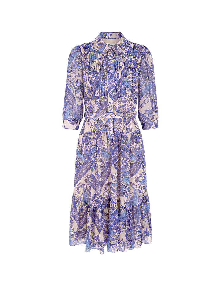 BORA AKSU Tuxedo-Shirt Collar Puff Sleeve Paisley Print Pleated Midi Shirt Dress