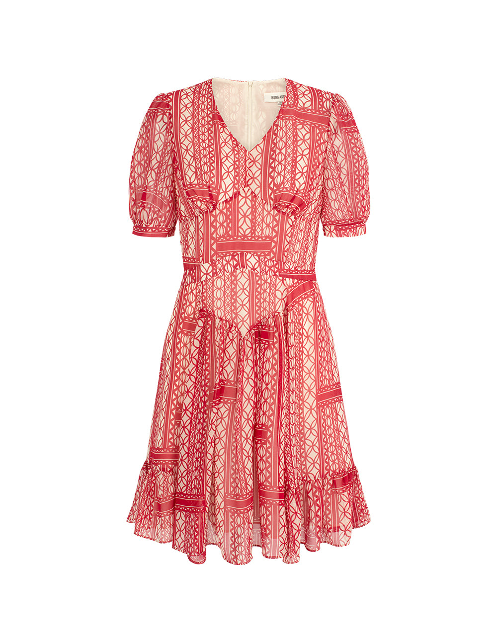 BORA AKSU V-Neck Puff Short Sleeve Geometric Print Pleated Midi Dress