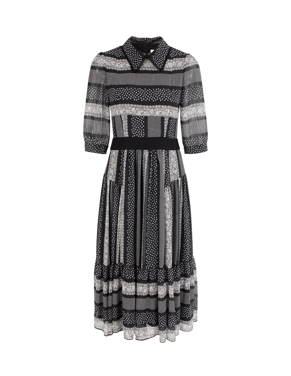 BORA AKSU Peter Pan Collar Puff Sleeve Short-Sleeve Lace Floral Print Pleated Dress