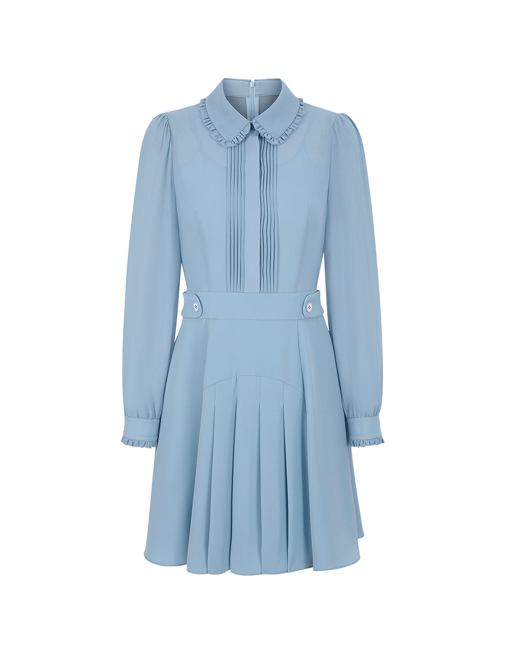 BORA AKSU Peter Pan Tuxedo Collar Puff Long Sleeve Ruffle Pleated Midi Dress