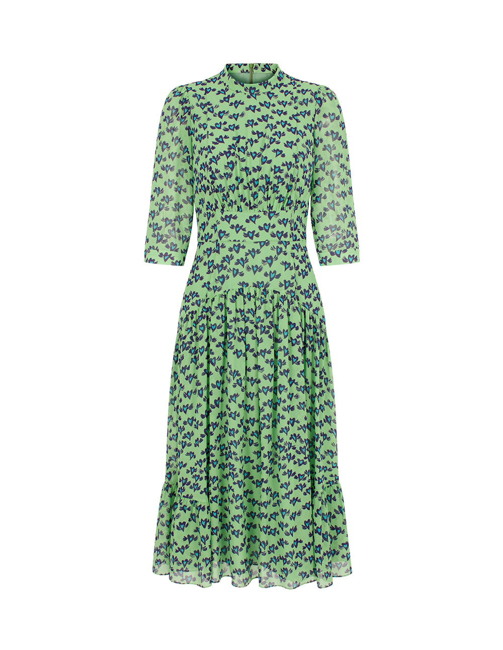 BORA AKSU Stand Collar Puff Short-Sleeve Heart Print Empire-Waist Pleated Midi Dress