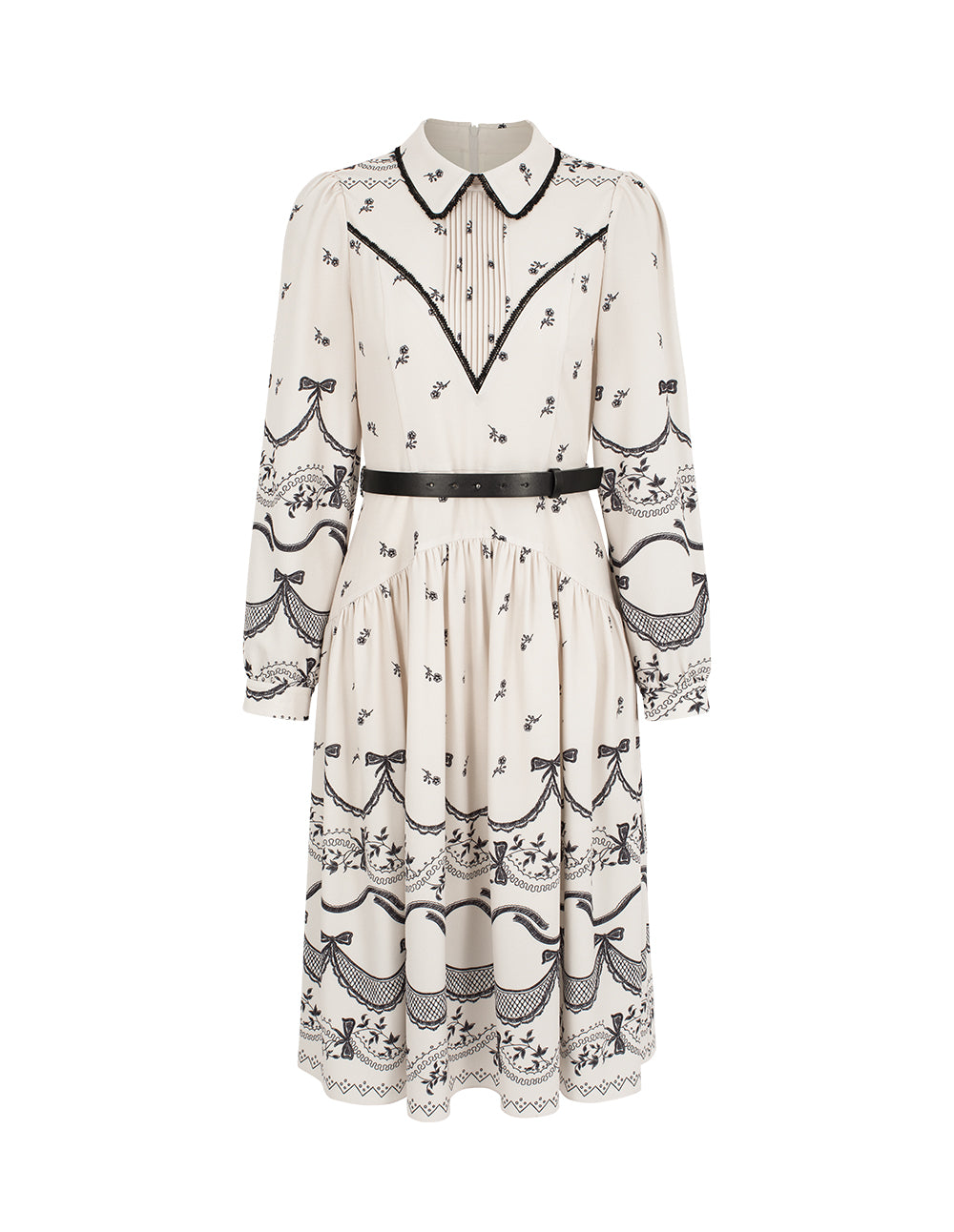 BORA AKSU Pin-Tuck Floral Print A-Line Ruffle-Trimmed Midi Shirt Dress