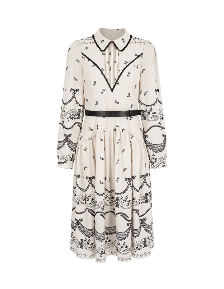 BORA AKSU Pin-Tuck Floral Print A-Line Ruffle-Trimmed Midi Shirt Dress