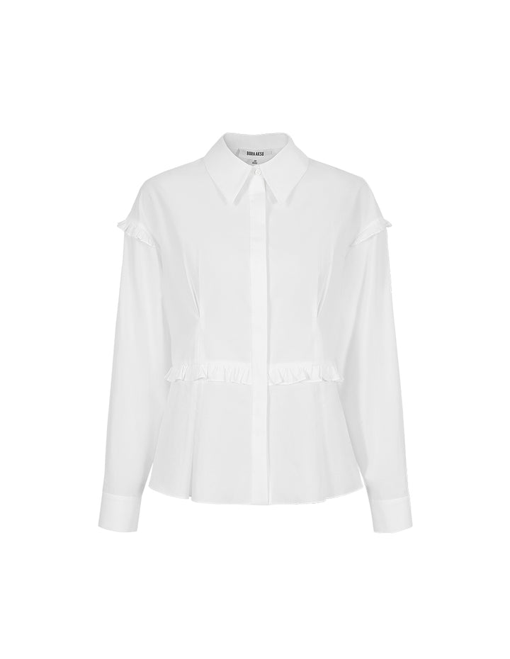 BORA AKSU Adjustable Ruffle-Trim White Cotton Long-Sleeve Blouse