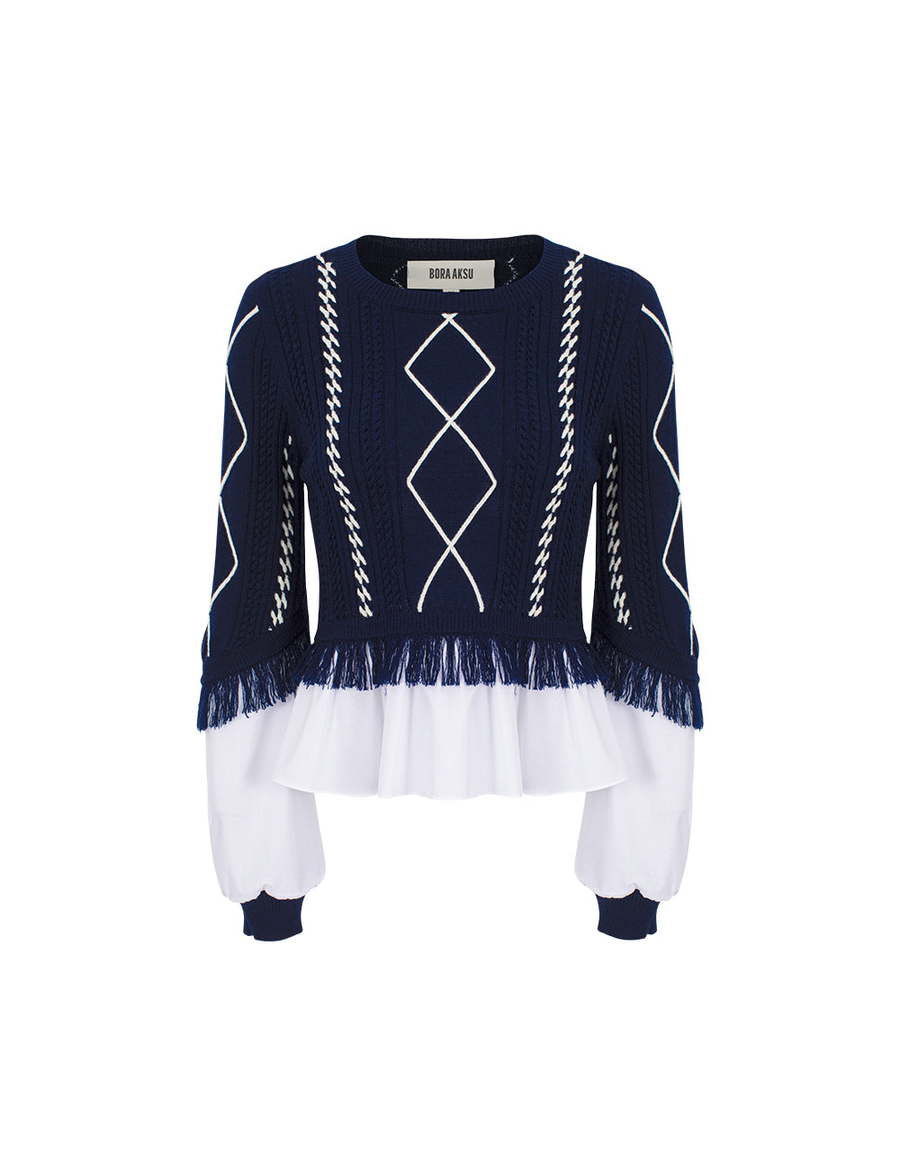 BORA AKSU Round Neck Diamond Pattern Knit Top with Shirt Front & Fringe Trim