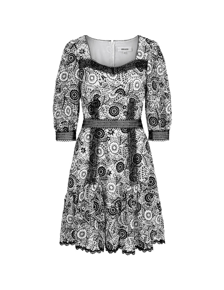 BORA AKSU Retro Puff Sleeve Diamond Collar Black And White Lace Dress
