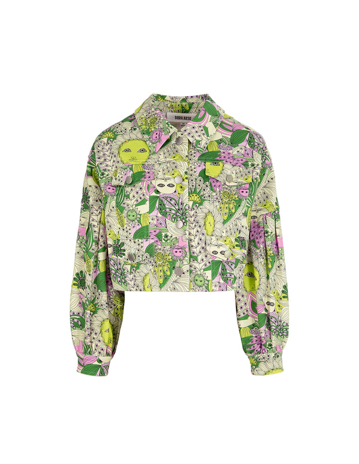 BORA AKSU Puff Sleeve Printed Short Denim Jacket