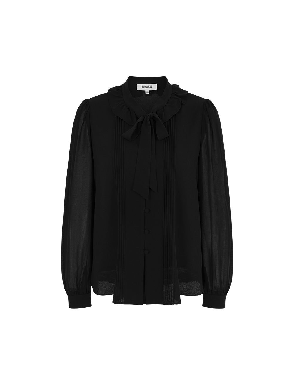 BORA AKSU Mandarin Collar Black Silk Blouse with Ruffle, Pleats And Tie Ribbon