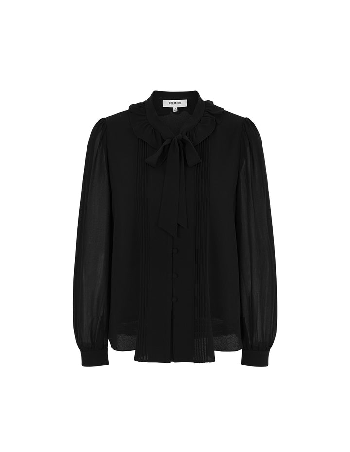 BORA AKSU Mandarin Collar Black Silk Blouse with Ruffle, Pleats And Tie Ribbon