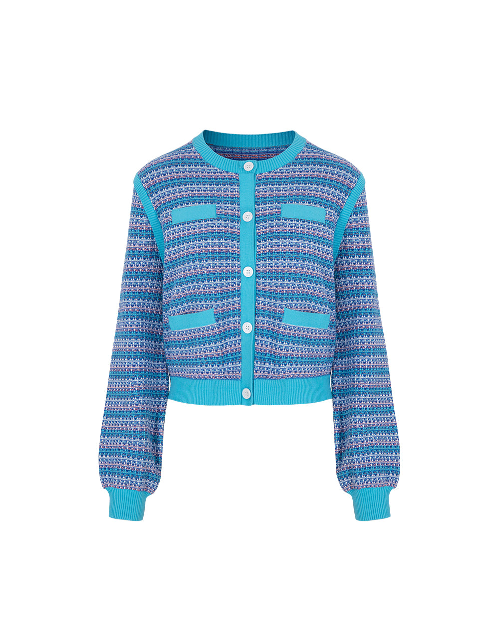 BORA AKSU Linear Mixed Jacquard Contrasting Crew Neck Knitted Cardigan