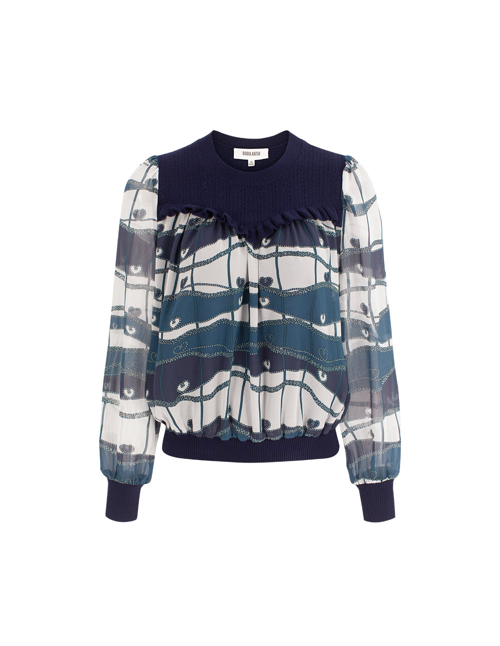 BORA AKSU Knitted Round Neck Patchwork Blue Ocean Print Long Sleeve Cropped Top