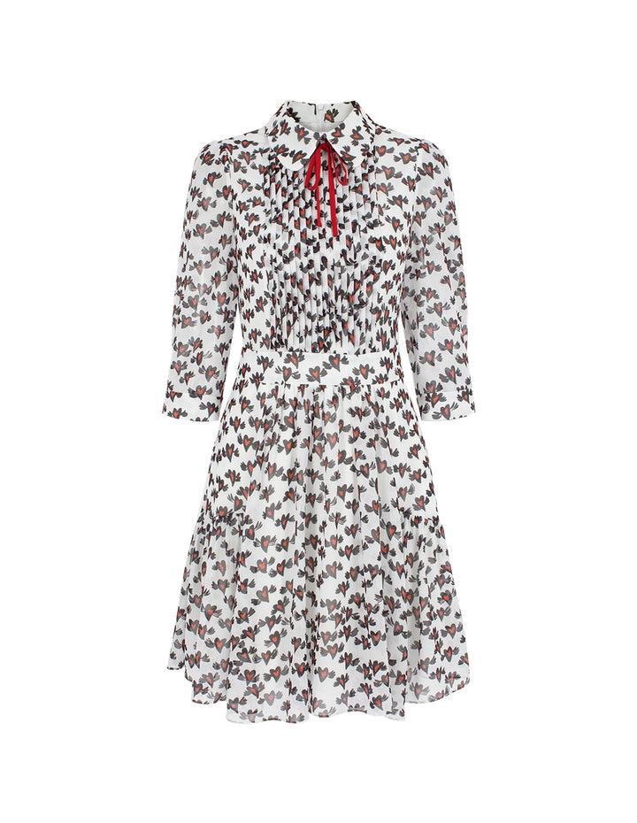 BORA AKSU Lapel Long-Sleeve Pin Tuck Heart Printed Pleated Midi Shirt Dress