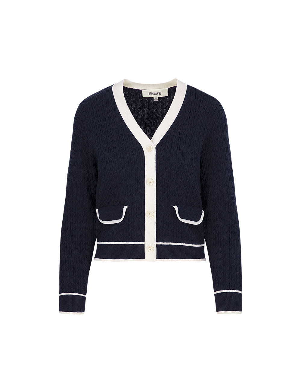 BORA AKSU V-Neck Long-Sleeve Contrasted-Color Button Weave Cropped Wool Cardigan
