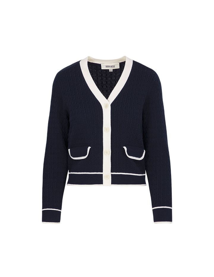 BORA AKSU V-Neck Long-Sleeve Contrasted-Color Button Weave Cropped Wool Cardigan