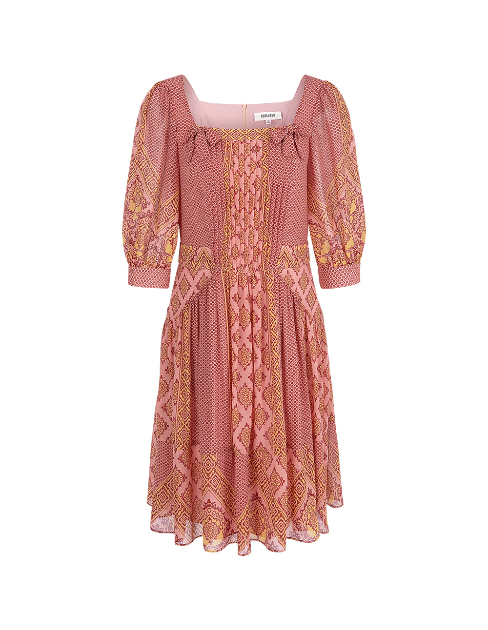 BORA AKSU Vintage Square Neck Bow Embellished Pleated Hem Printed Dress